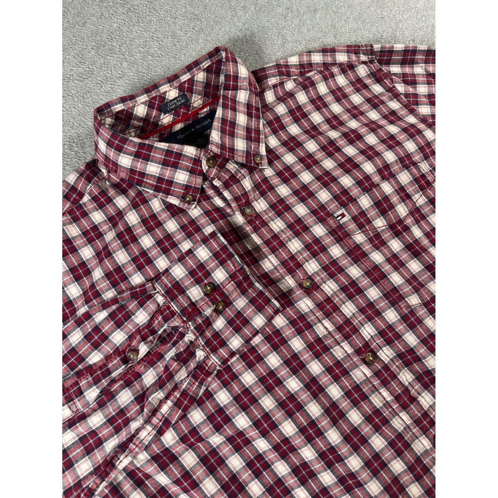 Tommy Hilfiger Mens Red Plaid Custom Fit Long Sleeve Button Down Shirt Large